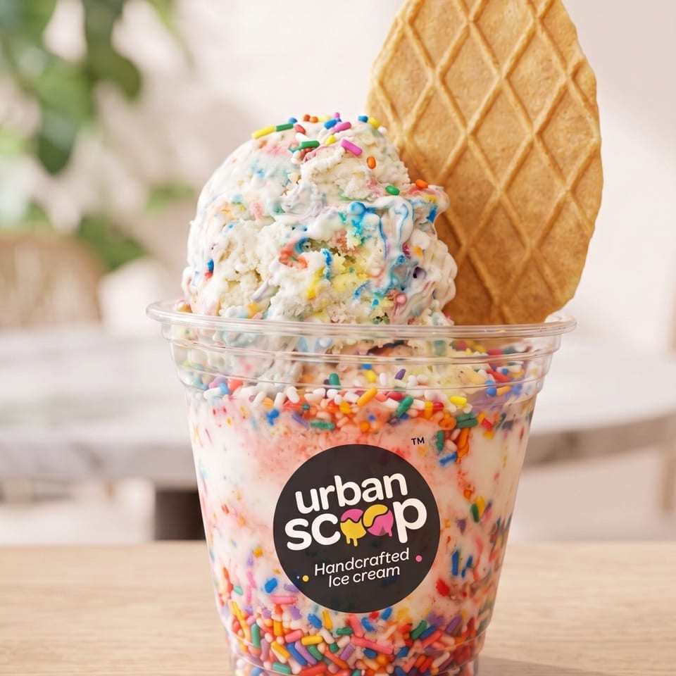 Colorful sprinkle-covered ice cream in an Urban Scoop cup, topped with a waffle cone and rainbow sprinkles.