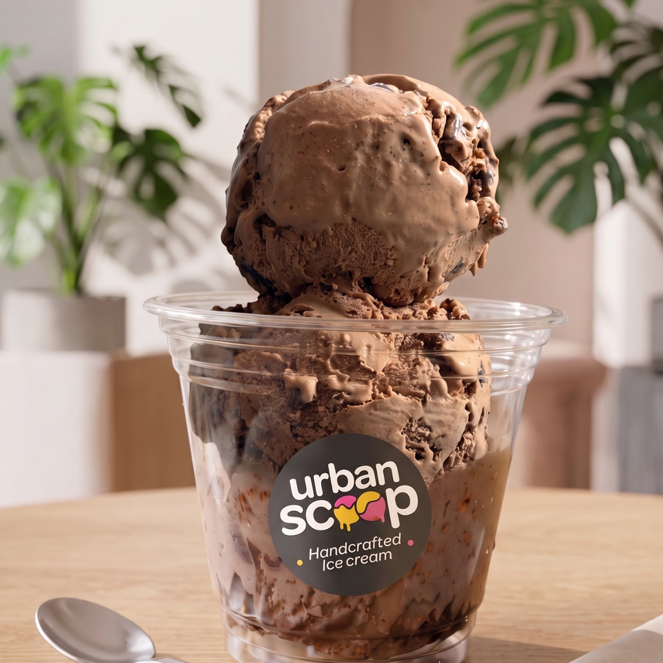 Chocolate ice cream piled in a clear Urban Scoop handcrafted ice cream cup on a wooden table, with houseplants in the background.