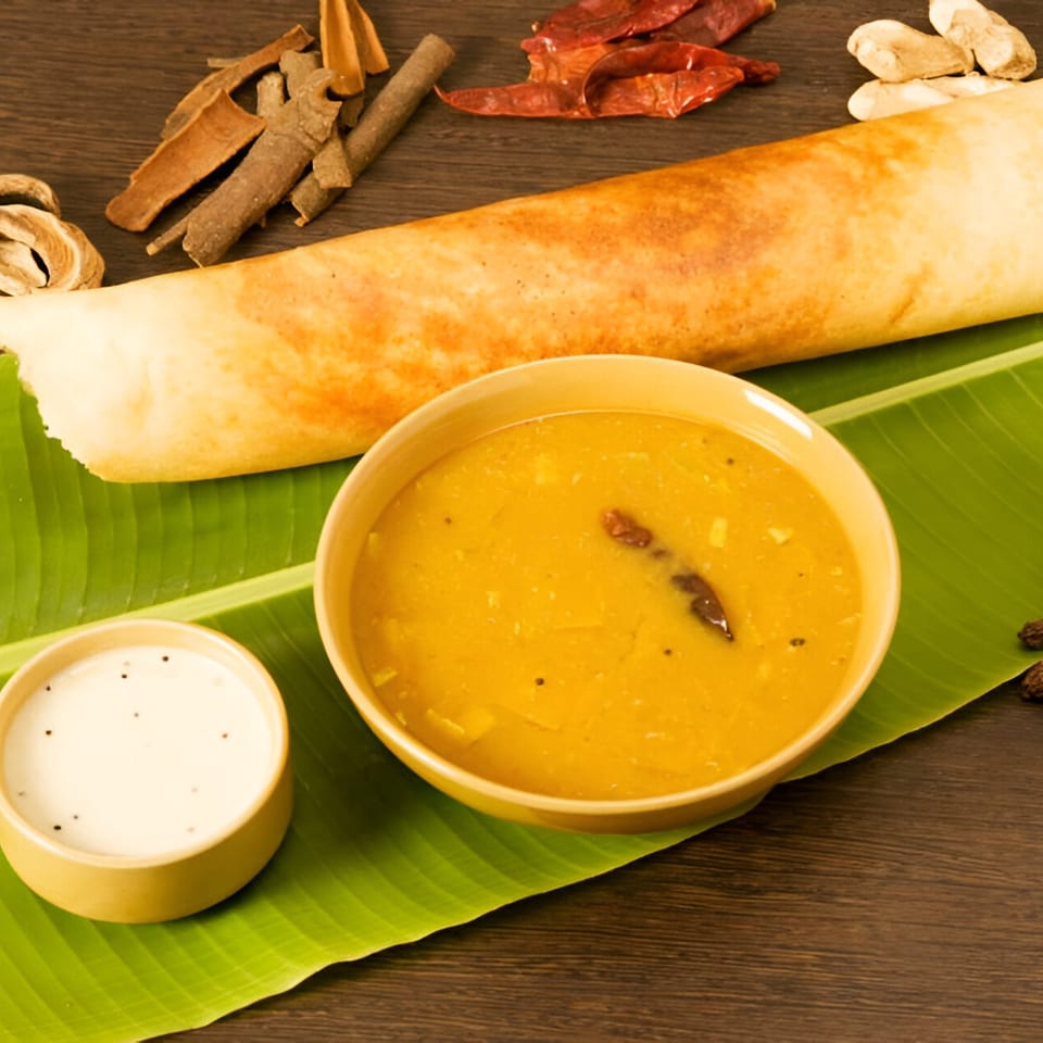 A golden dosa, two bowls of Indian curries, and spices on a banana leaf.