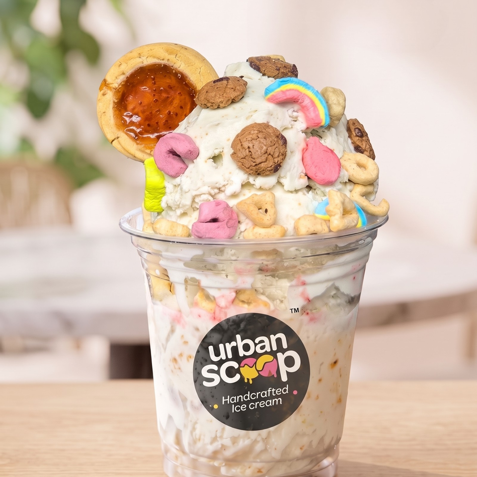 Urban Scoop handcrafted ice cream cup topped with cookies, colorful candy, marshmallow, and a caramel-filled cookie.